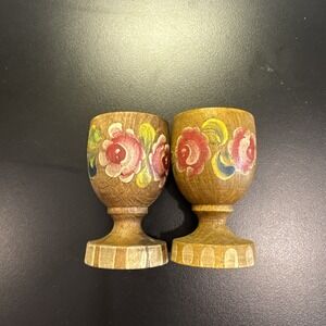Vintage Wood Hand Painted Egg Cups‎ Set of 2 Lang Oberammergau Bavaria Germany